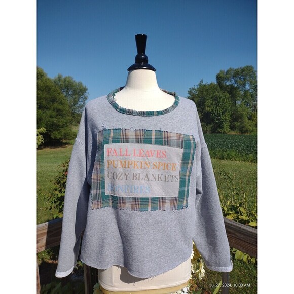 Custom Sweatshirt Oversized Boho Patchwork Plaid Flannel Shabby Chic - Picture 1 of 10